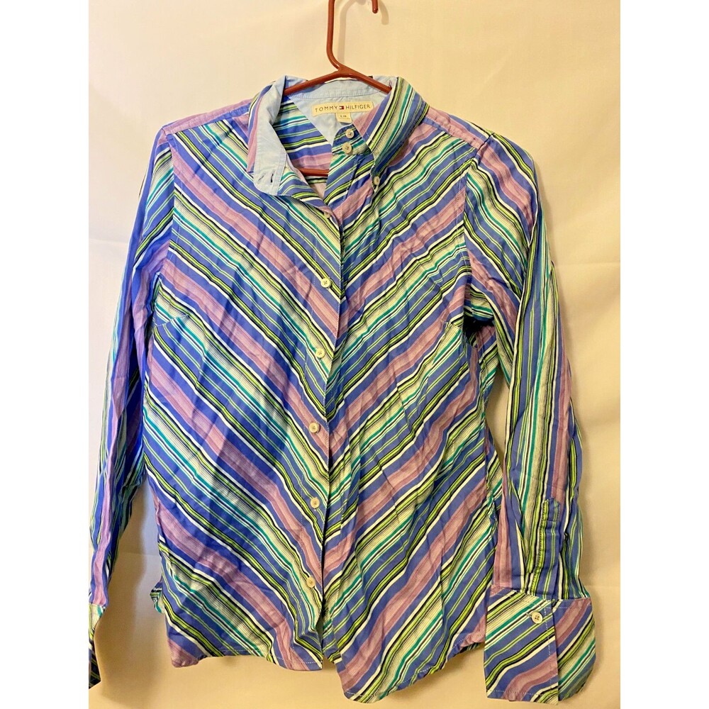 TOMMY HILFIGER WOMENS L LARGE PURPLE STRIPE BUTTON UP SHIRT TOP BLOUSE Classic